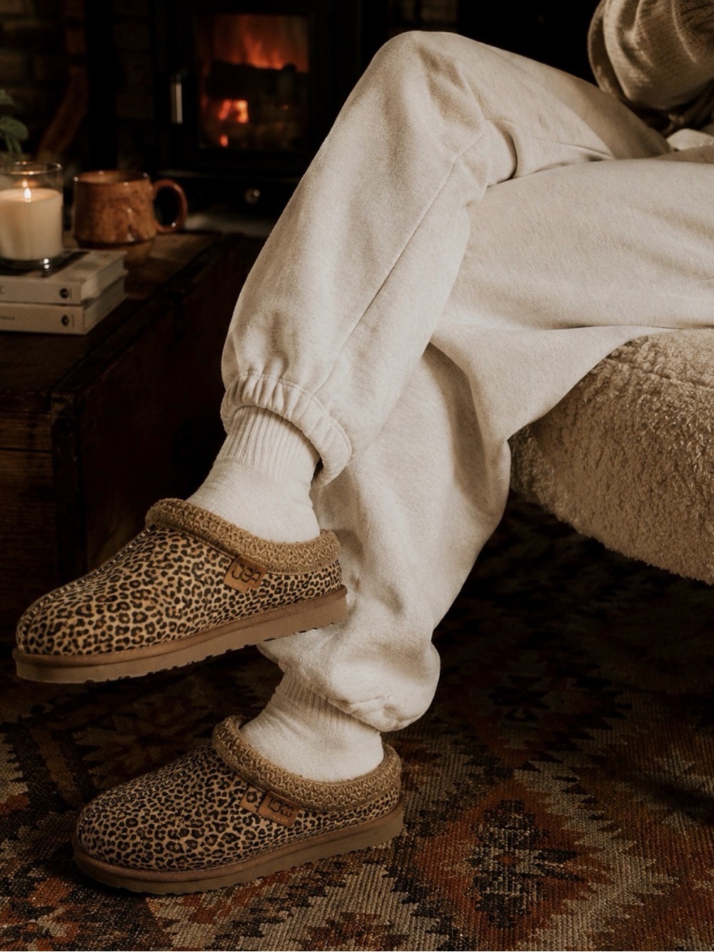 UGG Leopard-Print Shearling Lined Slip-On Slippers in Brown